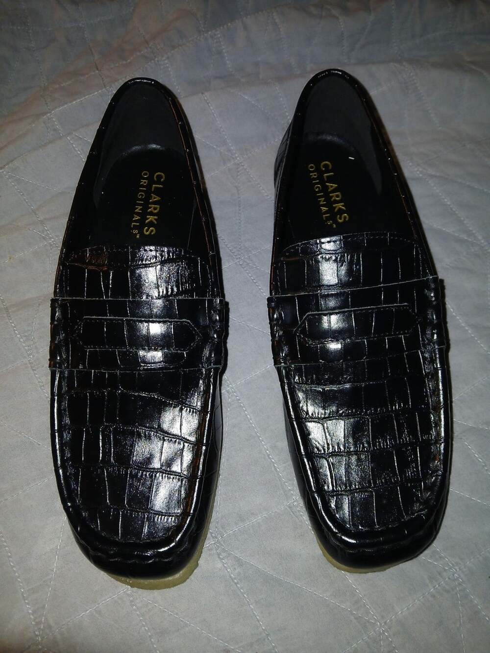 Clarks Originals Black Croc Embossed Leather Penny Loafers